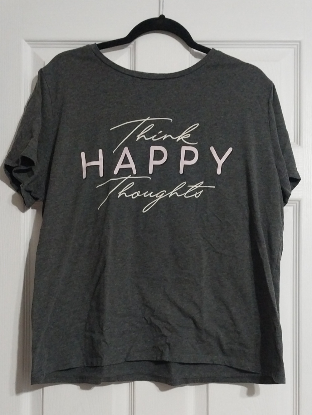 Fleurish Think Happy Thoughts Graphic Tee - Charcoal Gray with Pink Accents